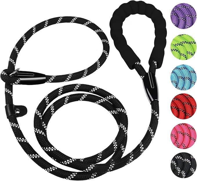 6 FT Heavy Duty Dog Leash, Premium Quality Strong Training Rope Slip Leash with Comfortable Padded Handle and Highly Reflective Threads for Small Medium and Large Dogs- Black