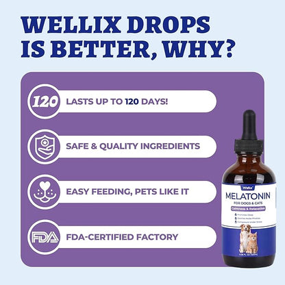 Wellix 4oz Larger Volume Melatonin for Dogs&Cats – Liquid Melatonin Drops, Sleep Aid, Dog Calming for Hyper Dogs, Cat & Dog Sedative for Grooming, Stress Relief, Bacon Flavor