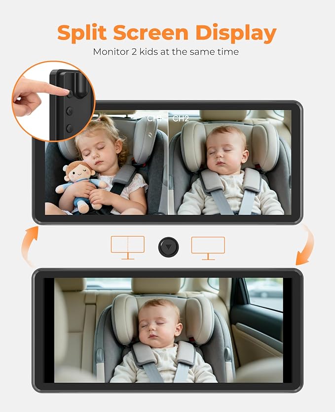 LUCKVIEW BM5PRO 7.2" 1080P HD Baby Car Camera for 2 Kids, Split Screen with IR Night Vision, Easy to Install & Adjust Brightness, Dual Car Camera Baby Monitor for Rear Seat Safety