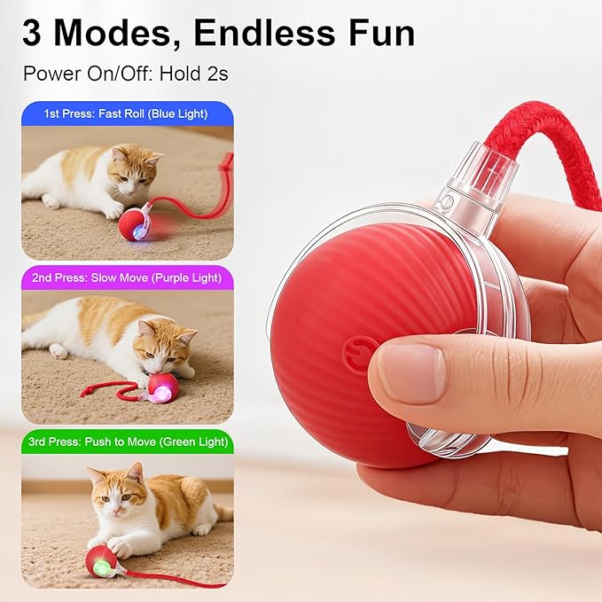Interactive Electric Automatic Rolling Moving USB Rechargeable Self Activated Play Stimulation Toy Smart Chase Teaser Ball with Rope for Bored Adult Indoor Kitten & Cat and Puppy & Dog, Red