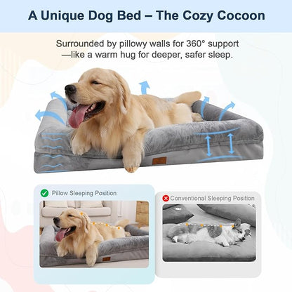 XL Orthopedic Dog Bed for Large Dogs, Big Waterproof Dog Bed with Removable Washable Cover, 4-Sides Removable Bolster Pet Couch Sofa with Non-Slip Bottom, Grey