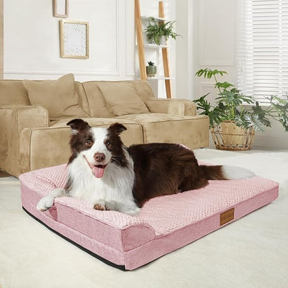 Orthopedic Dog Bed Large Sized Dog 36''X24'', Waterproof L Bolster Egg Crate Foam Pet Crate Beds with Washable Removable Cover, Non-Slip Soft Pet Couch Sleep Mat, Pink