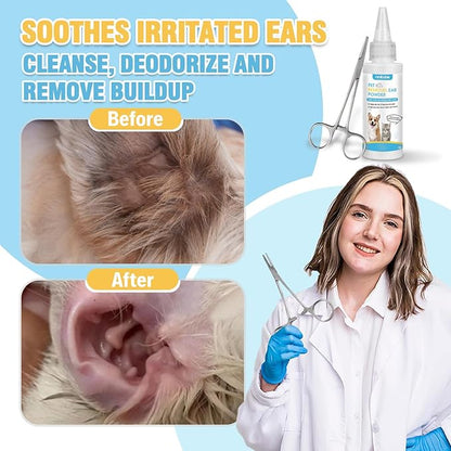Dog Ear Care Kit - Professional Ear Powder for Hair Removal (42g) with Grooming Hemostat - Effective Solution for Smelly Ears, Wax Buildup