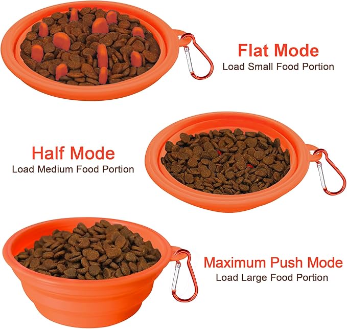 Large Collapsible Dog Bowls (34oz), 2 Pack 2 Colors Pet Travel Foldable Bowl and Slow Feeding Frisbee with Carabiners, Healthy, Soft Silicone, Portable Essential Set for Walking, Travel, and Hiking