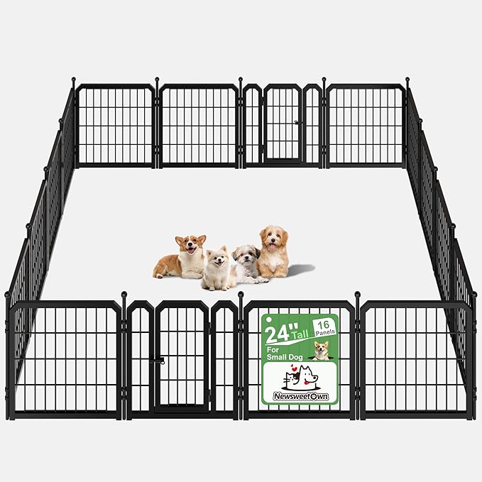 Dog Playpen for Indoor & Outdoor, 24 inch 16 Panels Metal Puppy Playpen for Puppies/Small Dogs, Large Dog Pen with 2 Doors, Sutible for Yard, Camping, Travelling, Black