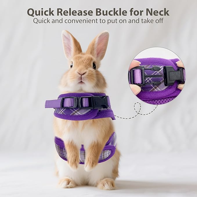 AIITLE Bunny Harness and Leash Set Escape Proof - Magic Tape Design, Lightweight Plaid Pattern Mesh Padding, No Choke No Pull for Puppy Cat Rat Squirrel Ferret, Outdoor Walking Running, Purple S