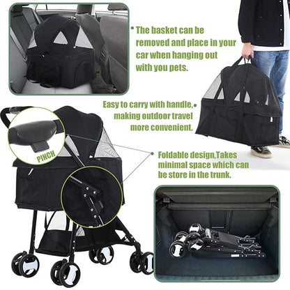 Dog Stroller 3-in-1 Folding Dog Stroller for Medium Small Dogs Pet Stroller Cat Stroller 4 Wheels with Detachable Carrier Storage Basket Waterproof Lightweight for Travel,Black