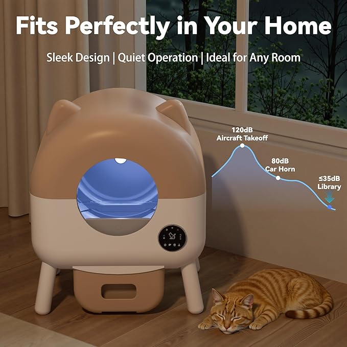 Self Cleaning Automatic Cat Litter Box with APP Control – Large Capacity Design for Multiple Cats, Includes Litter Mat & 2 Rolls Trash Bags, Odor-Free & Safety Sensors, Removable Washable Liner,Brown