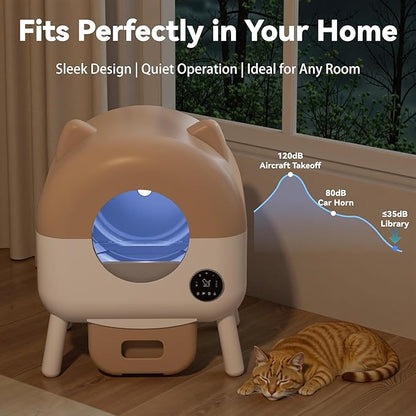 Self Cleaning Automatic Cat Litter Box with APP Control – Large Capacity Design for Multiple Cats, Includes Litter Mat & 2 Rolls Trash Bags, Odor-Free & Safety Sensors, Removable Washable Liner,Brown
