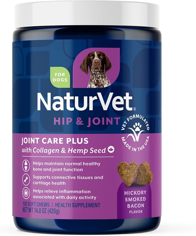 NaturVet Hemp Advanced Joint Health Dog Supplement Soft Chews –Helps Support Joint Health in Dogs – Includes Hemp Seed, Collagen, Glucosamine, MSM, Chondroitin, Omegas – 120 Ct.