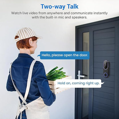 1080p Smart Video Doorbell Camera Wireless, Live View, AI Human Detection, Night Vision, Cloud Storage, 2.4G WiFi, Battery Powered, Indoor Outdoor Surveillance