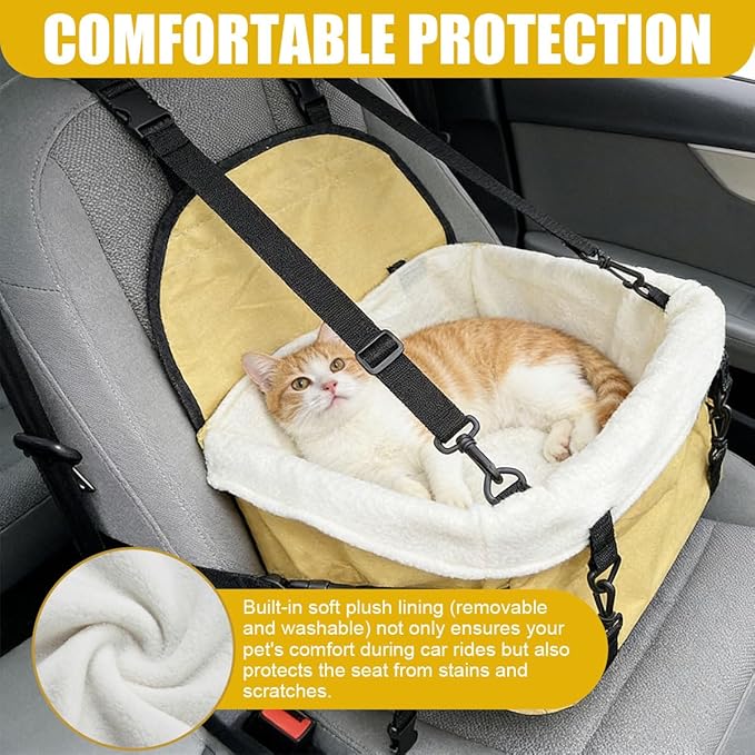 Dog Car Seats for Small Dogs, Portable Soft Auto Pet Booster Seats with Adjustable Safety Leash, Foldable Puppy Travel Seat with Storage Pocket for Cars, SUVs, Trucks(Beige)