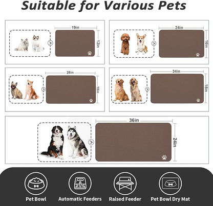 HotLive Dog Food Mat - Absorbent Cat Mat for Food and Water, No Stains Pet Feeding Bowl Mat, Easy to Clean Pet Placemats, Quick Dry Dog Water Dispenser Mat for Messy Drinkers | Paw Brown 24"x36"