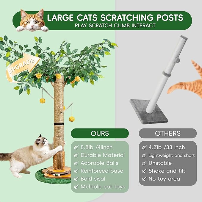 Tall Cat Scratching Post 45 Inch – Heavy Duty Sisal Cat Scratcher for Large Indoor Cats, Stable Base with Hanging Toys & Self Grooming Brush