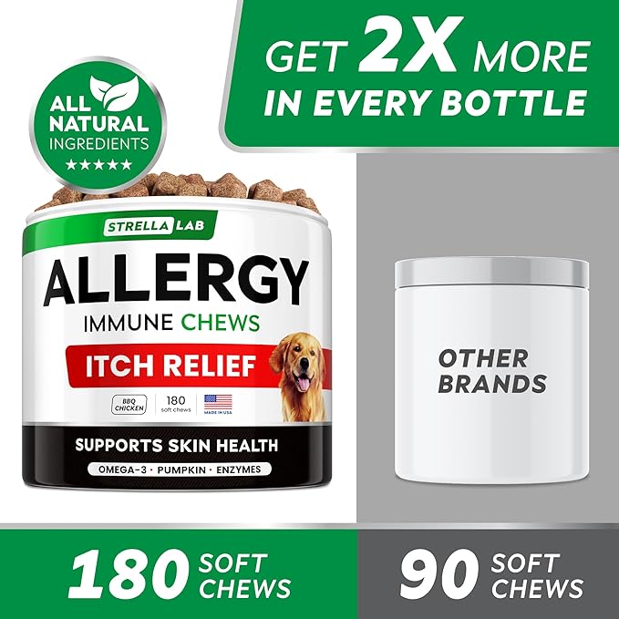STRELLALAB Dog Allergy Relief & Anti Itch Support Chews w/Omega 3: Real Ingredients, Real Taste! Skin & Coat Immune Supplement w/Fish Oil, Pumpkin & Enzymes — BBQ Chicken - 180Ct
