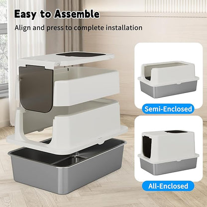 RIZZARI Stainless Steel Cat Box: Beige Leak-Proof Large Enclosed Litter Pan Indoor Odorless Tray for Multiple Cats - Teflon Non-Stick Coating - for Cats Under 20 lbs - Ideal for Laundry Room Balcony