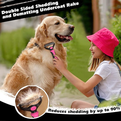 3PCS Self Cleaning Slicker Brush & Pet Grooming Rake & Flea Comb for Dogs,Cats and Horses | Double-Sided Dematting Comb & Skin Friendly Deshedding Grooming Tool (Red)