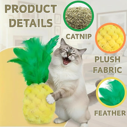 CECE PAW Pineapple Catnip Toys for Indoor Cats, Plush Feather Kicker Toy with Organic Catnip, Interactive Bunny Kick and Bat Toy for Kittens, Soft Curly Fabric