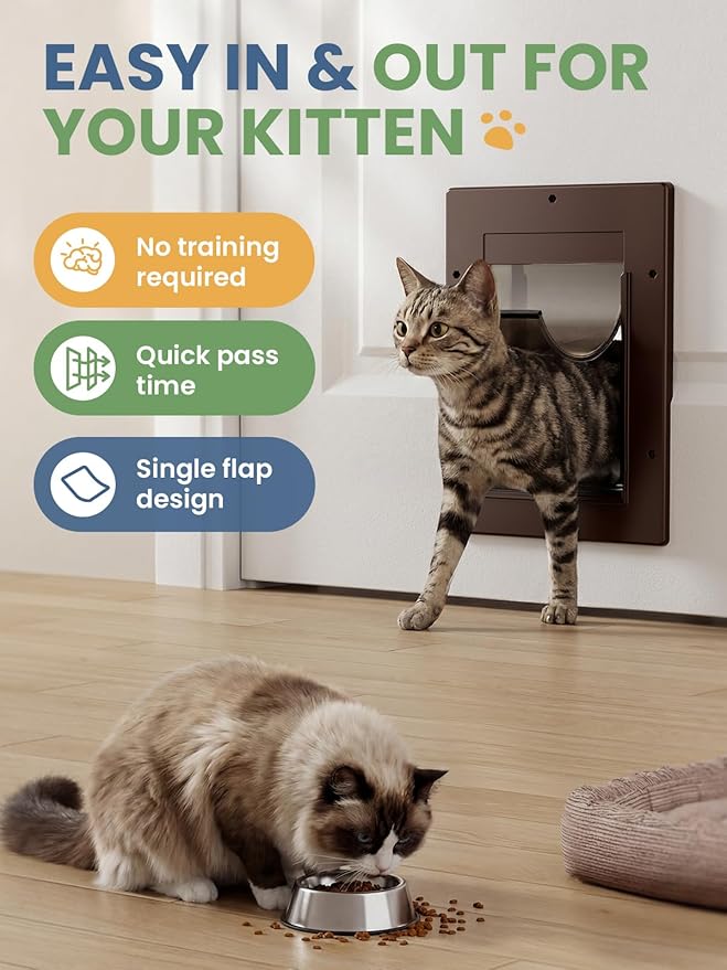 Cat Door, Cat Door Interior Door with Soft Magnetic Flaps, Sliding Panel Closure, Telescoping Tunnel, Easy DIY Installation Kitty Door, Exterior Cat Doors for Cats Up to 20 lbs, Brown