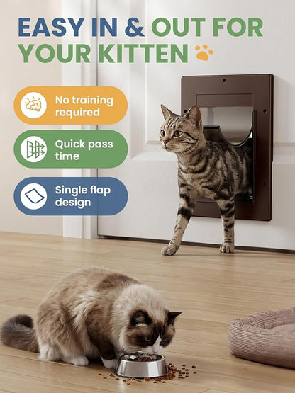 Cat Door, Cat Door Interior Door with Soft Magnetic Flaps, Sliding Panel Closure, Telescoping Tunnel, Easy DIY Installation Kitty Door, Exterior Cat Doors for Cats Up to 20 lbs, Brown