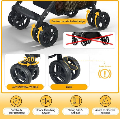 Folding Shopping Cart & Pet，110lbs ，2-in-1 Personal Cart with Removable Basket & Lower Dogs Stroller，Single-Hand Fold, Collapsible Utility Trolley Cart for Groceries, Laundry, Camping & Pet Traveling