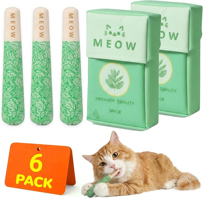 6 Pcs Cat Toys for Bored Indoor Adult Cats & Catnip Toys with 2 Bags, Potent Cat Chew Toy for Teeth Cleaning with Silvervine, Interactive Dental Plush Set for Boredom Relief and Pet Gifts