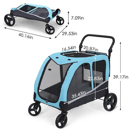 Saudism Dog Stroller for Large Dogs, Extra Large Pet Stroller for Medium Dogs, Dog Wagon Carriage, Foldable Design, Adjustable Handle, with Pocket, Up to 130 lbs, Blue