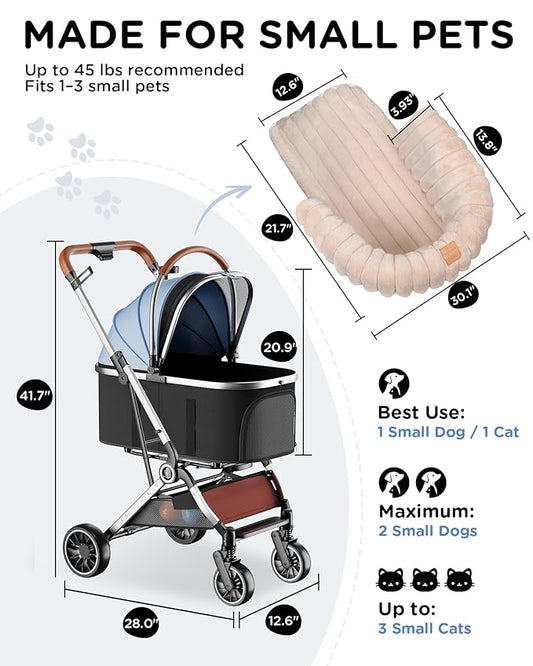 GTPLAYER Pet Stroller with Matching Stroller Mat Set, for Small Dogs and Cats Up to 45 lb, Detachable Carrier, One-Hand Fold, Stroller: Light Bule, Mat: Beige