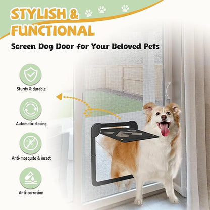 Dog Door for Screen Door, Lockable Pet Door for Sliding Screen Door, Magnetic Auto-Close Door Flap 14 x 11.8 inch, Black