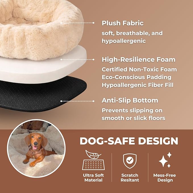 Pelsbarn Luxurious Cozy Car Bed - X-Small Luxury Travel Dog Bed with Safety Belt - Ultra Soft Faux Fur - Beige