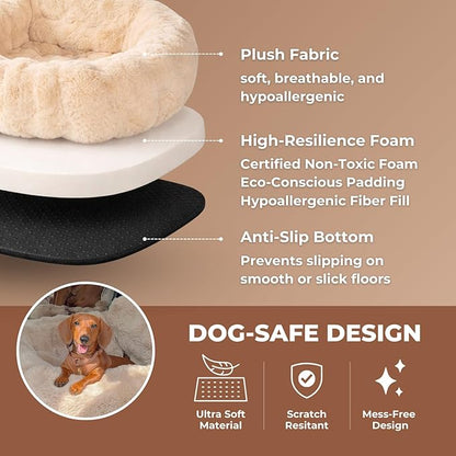 Pelsbarn Luxurious Cozy Car Bed - X-Small Luxury Travel Dog Bed with Safety Belt - Ultra Soft Faux Fur - Beige