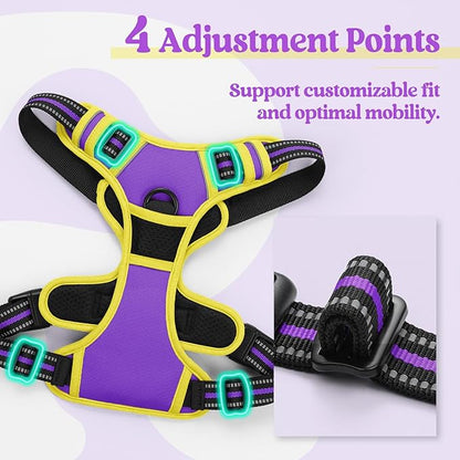rabbitgoo Dog Harness No Pull with 2 Leash Clips, Adjustable Soft Padded, Reflective Oxford No Choke Pet Vest with Easy Control Handle for Large Dogs, Purple & Yellow, L