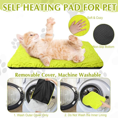 Drydiet 4 Pack Self Warming Cat Pads Self Heating Cat Mat Washable Homeless Dogs Thermal Pads Kennel Pad Reflects Body Heat Warm Crate Bed Mat for Indoor Outdoor Pet(Fluorescent Green,16 x 20 Inch)