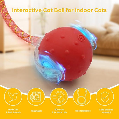 Interactive Cat Toys Ball, 2 Pcs Automatic Moving Cats Toy with Elastic Mesh Bell Tail, Rechargeable Cat Ball for Bored Indoor Adult Cats, Energetic-cat (Red+Blue)