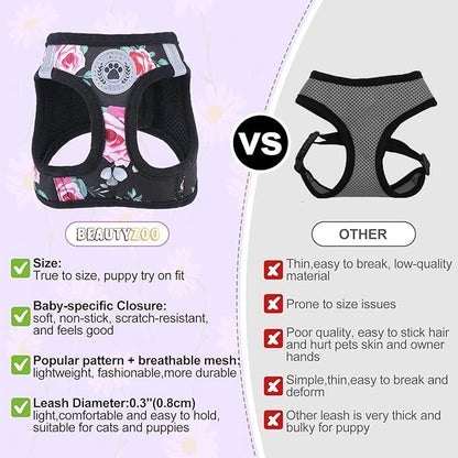 BEAUTYZOO Step in Dog Harness and Leash Set, Floral Pattern Reflective Dog Harness No Pull No Choke Puppy Harness for XXS XS S Dogs Cats, Soft Padded Mesh Vest Harnesses for Girl and Boy Pets