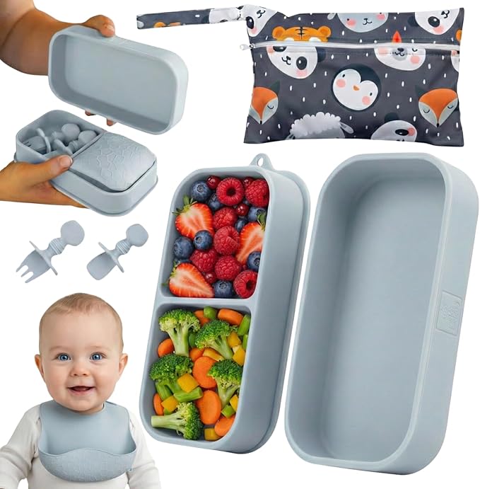 Baby Travel Essentials 6 Pc Silicone Feeding Set - Portable Toddler Plates with Suction, Baby Spoons & Foldable Bib in Carrying Case - BPA-Free Infant & Toddler Utensils for Airplanes & Eating Out
