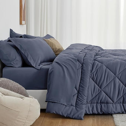 Love's cabin King Size Comforter Set Navy Blue, 7 Pieces King Bed in a Bag, All Season Bedding Sets with 1 Comforter, 1 Flat Sheet, 1 Fitted Sheet, 2 Pillowcase and 2 Pillow Sham