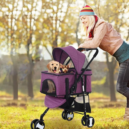 NChanmar Dog Stroller Cat Pet stoller 3-in-1 Folding for Small Medium Dogs Cats with Detachable Carrier Storage Basket Waterproof Lightweight Travel,Purple, 3 Wheels, 7.0 kilograms
