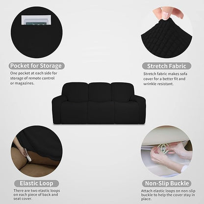 Easy-Going 100% Dual Waterproof Recliner Sofa Cover, 8-Pieces Stretch Relining Couch Cover with Pocket, Jacquard 3 Seat Sofa Slipcover Leakproof Washable (Sofa, Black)