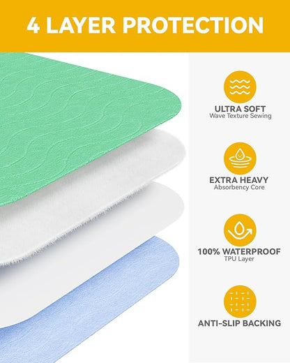 Washable Underpads Waterproof, 4 Pack 36" x54'' Heavy Absorbency Incontinence Bed Pads, Bed Wetting Pads for Adults, Elderly, Kids and Pets, Soft Reusable Changing Pads for Bed