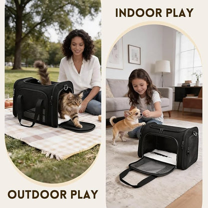 Cat Carrier Soft, Dog Carriers for Small Dogs/Large Cats (Up to 16lbs), with High Breathability, Shoulder Strap, Removable Pad, Pet Carrier Airline Approved, for Home Outdoor Travel (Black)