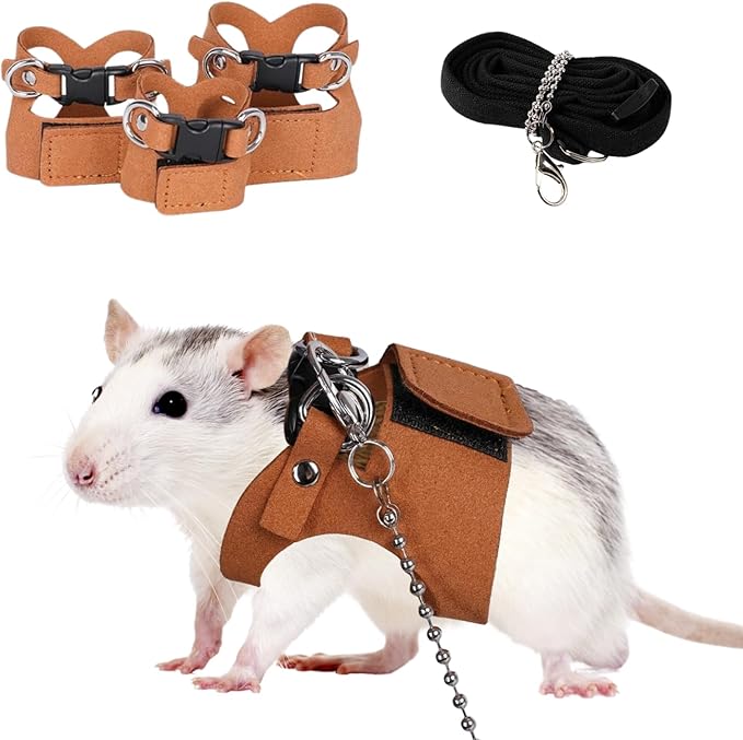 3 Pack Rat Harness and Leash - Adjustable Soft Leather Small Animal Harness Leash Traction Rope Anti-Bite Chain Training Walking Vest Accessories for Squirrel Reptile (Brown)