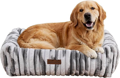 Modern Threads Ribbed Plush Two-Tone Cuddler Dog Bed, Ultra-Soft Faux Rabbit Fur, Supportive Bolstered Sides, Removable Washable Cover, Bed for Medium to Large Dogs, Silver, (34" L x 25" W x 9" Th)