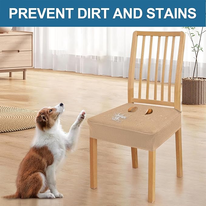 Smiry Waterproof Seat Covers for Dining Room Chairs Set of 8, Stretch Jacquard Removable Washable Chair Seat Slipcovers Protector, No Rear Covers, Camel
