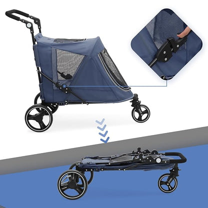 Pet Stroller for Large Dogs or Multiple Dogs Cats with Adjustable Handle, 3-Wheels Dual Entry Visible Portable Dog Carting Easy Folding Pet Wagon Double Dog Stroller up to 55 lbs, Navy Blue