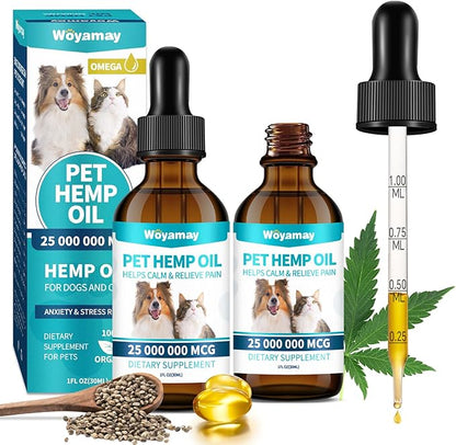 Woyamay Hemp Oil for Dogs and Cats - Hemp Oil Drops Rich in Omega 3, 6, 9 and Organic Extract Helps Pets with Аnxiеty, Pаin, Strеss, Slееp, Аrthritis, Sеizures Rеlief, Pets Calming Treat-2 Pack