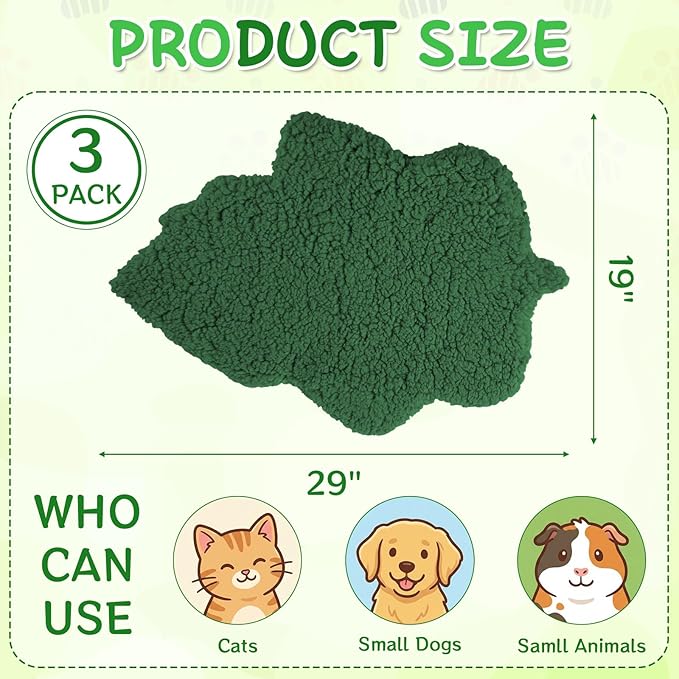 3 Pack Self Warming Pet Bed Leaf Shape Self Heating Cat Dog Mat Washable Thermal Sleeping Pad for Indoor Outdoor Hedgehog, Bunny, Sugar Glider, Rat, Chinchilla(Dark Green,Large-19 x29)