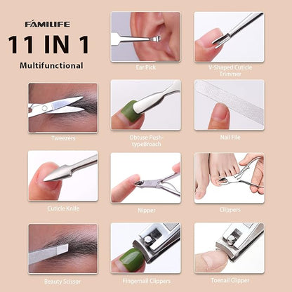 FAMILIFE Gifts for Women, Manicure Set Professional Manicure Kit 11 in 1 Nail Kit Nail Clippers Tools Stainless Steel with Rose Gold Leather Case Travel Sets
