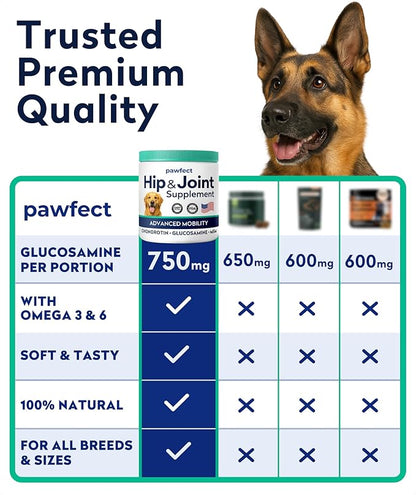 PAWFECTCHEW Advanced Hip & Joint Glucosamine Supplement for Dogs - Treats for Picky Eaters w/Chondroitin, MSM, Omega-3 - Joint Pain Relief - Chicken Liver - 180 Ct - Made in USA