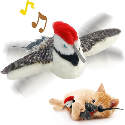 Cat Toys, Flapping Wings Woodpecker, No Flying, Chirping Bird Interactive Catnip Toy for Kitten or Small Dogs, Touch Activated, Rechargeable, 3 Modes